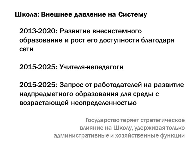 Школа: Внешнее давление на Систему 2013-2020: Развитие внесистемного образование и рост его доступности благодаря